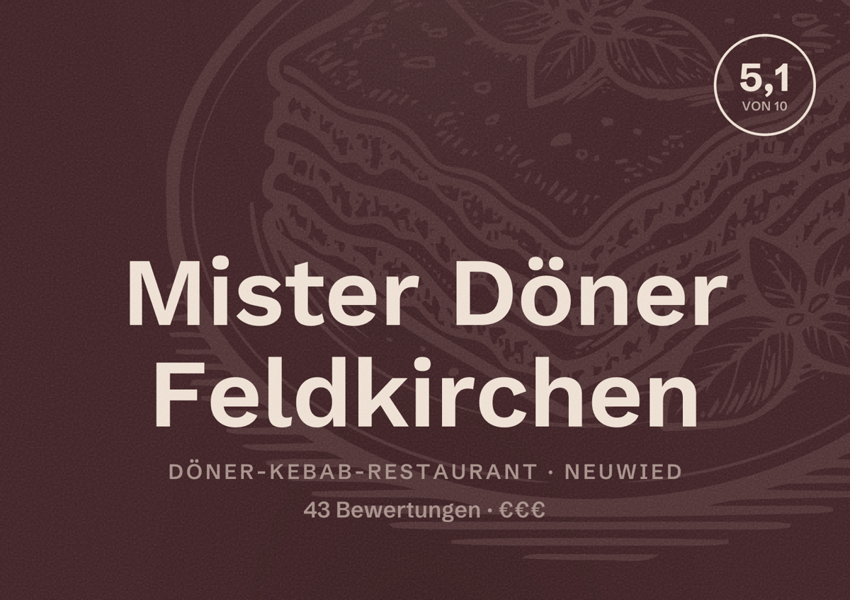 Illustriertes Poster von Mister Döner Feldkirchen, Döner-Kebab-Restaurant in Neuwied: Bewertung 5,1 von 10 aus 43 Bewertungen, Preisniveau €€€