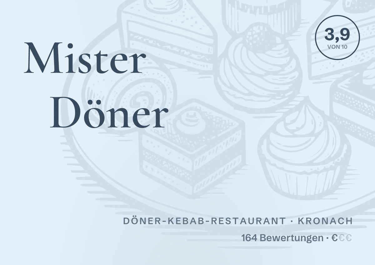 Illustriertes Poster von Mister Döner, Döner-Kebab-Restaurant in Kronach: Bewertung 3,9 von 10 aus 164 Bewertungen, Preisniveau €