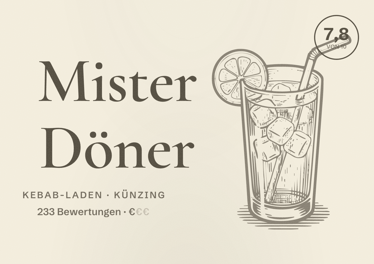 Illustriertes Poster von Mister Döner, Kebab-Laden in Künzing: Bewertung 7,8 von 10 aus 233 Bewertungen, Preisniveau €