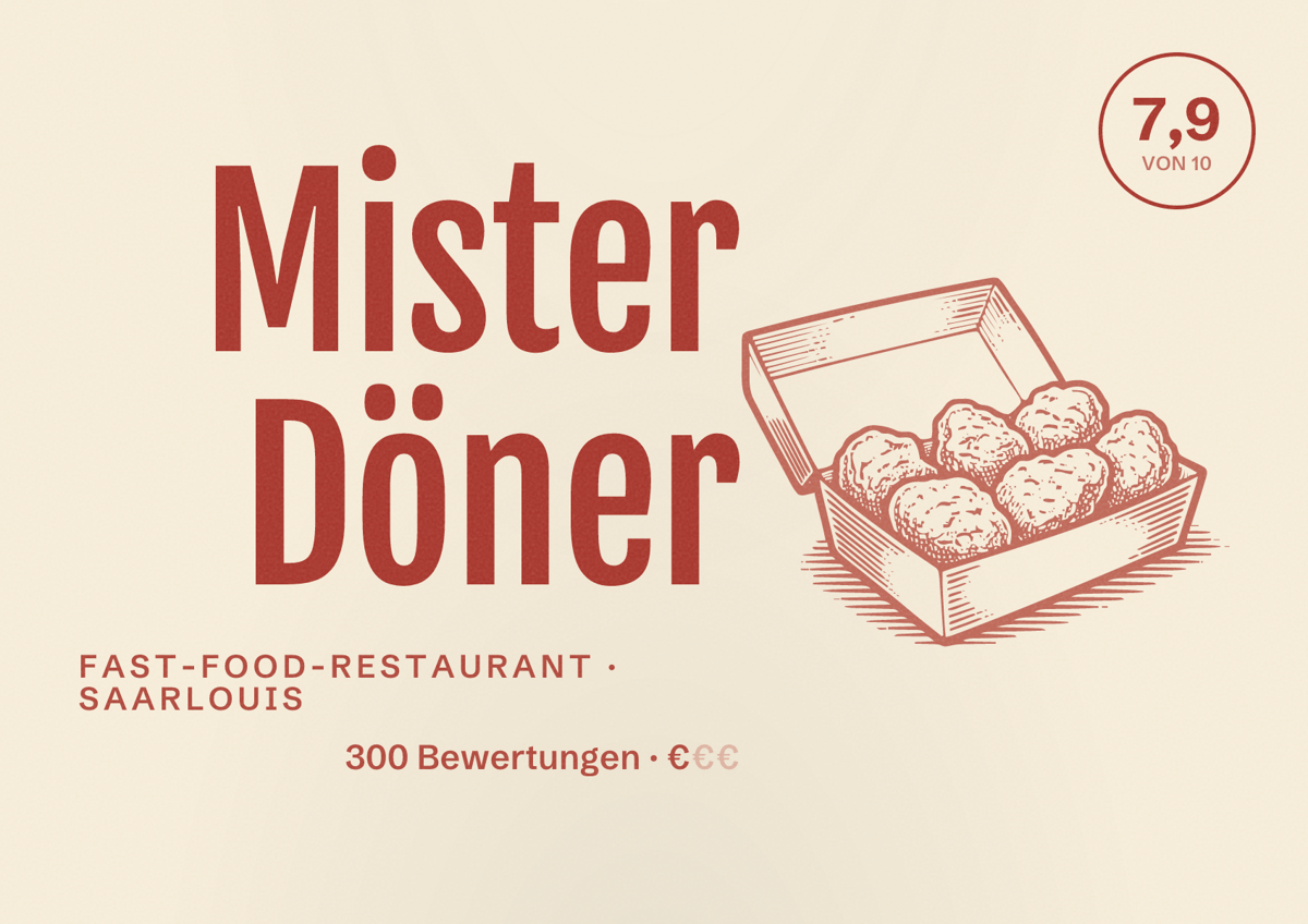 Illustriertes Poster von Mister Döner, Fast-Food-Restaurant in Saarlouis: Bewertung 7,9 von 10 aus 300 Bewertungen, Preisniveau €