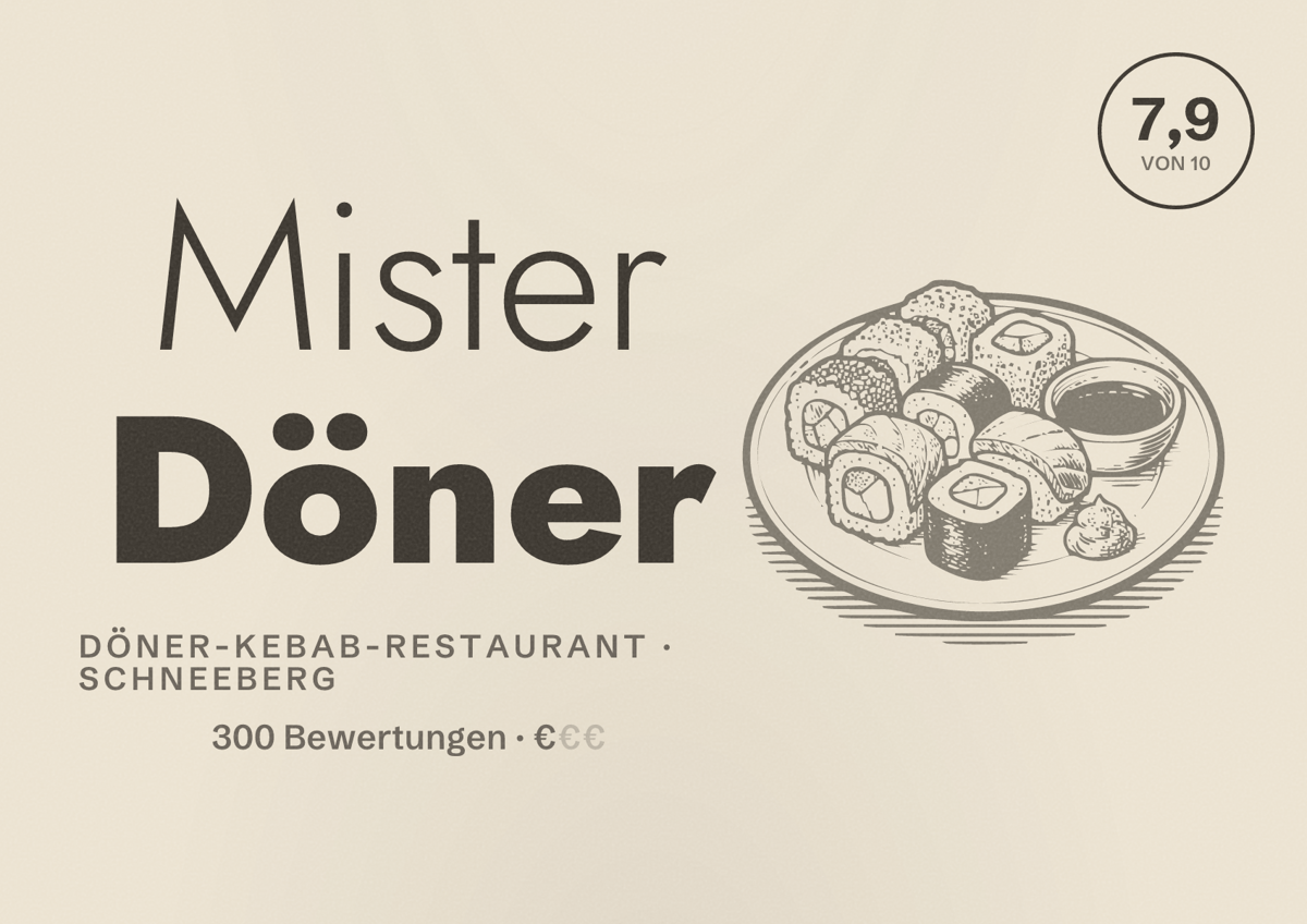 Illustriertes Poster von Mister Döner, Döner-Kebab-Restaurant in Schneeberg: Bewertung 7,9 von 10 aus 300 Bewertungen, Preisniveau €