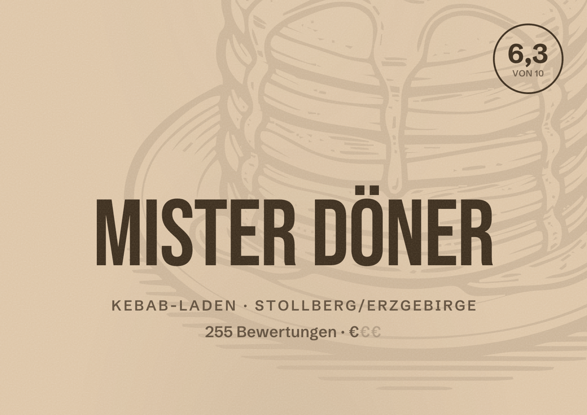 Illustriertes Poster von Mister Döner, Kebab-Laden in Stollberg/Erzgebirge: Bewertung 6,3 von 10 aus 255 Bewertungen, Preisniveau €