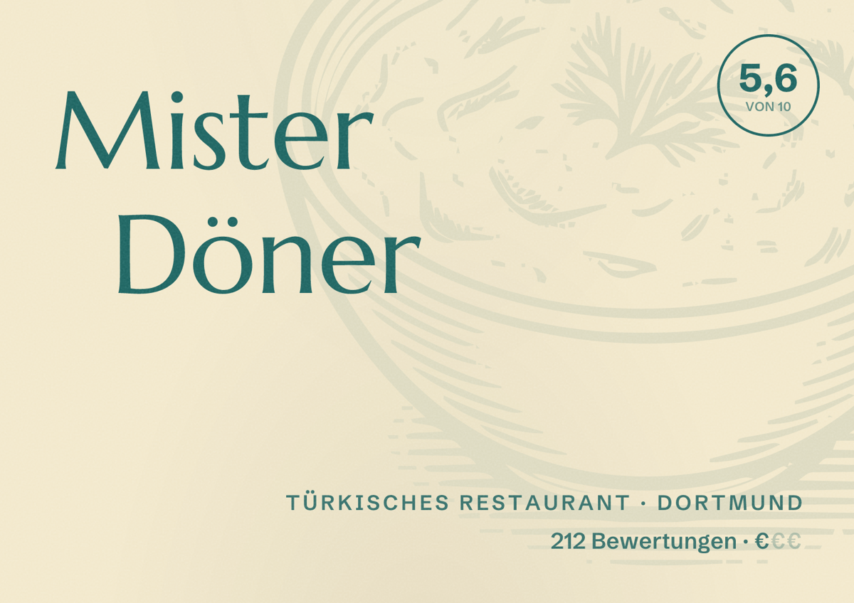 Illustriertes Poster von Mister Döner, Türkisches Restaurant in Dortmund: Bewertung 5,6 von 10 aus 212 Bewertungen, Preisniveau €