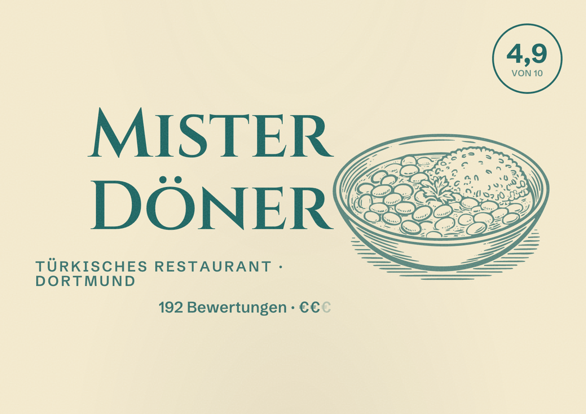Illustriertes Poster von Mister Döner, Türkisches Restaurant in Dortmund: Bewertung 4,9 von 10 aus 192 Bewertungen, Preisniveau €€