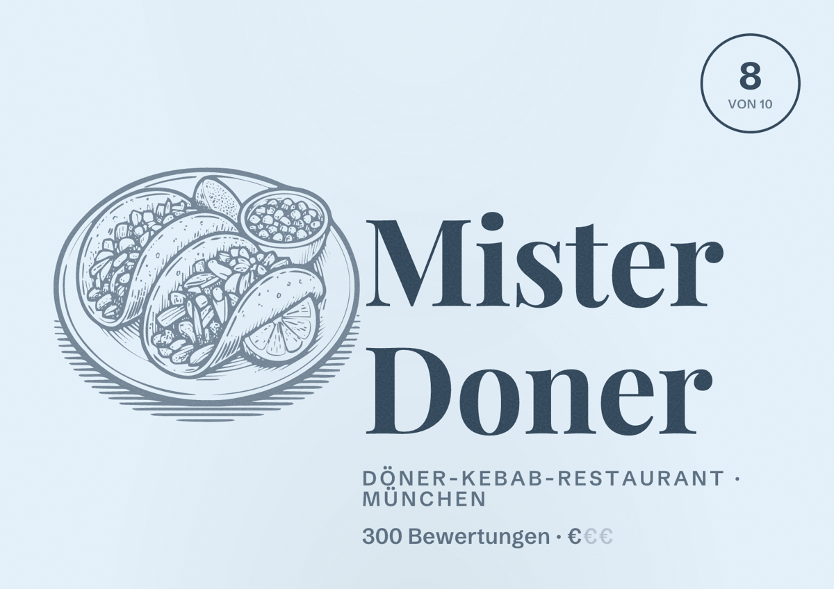 Illustriertes Poster von Mister Doner, Döner-Kebab-Restaurant in München: Bewertung 8 von 10 aus 300 Bewertungen, Preisniveau €