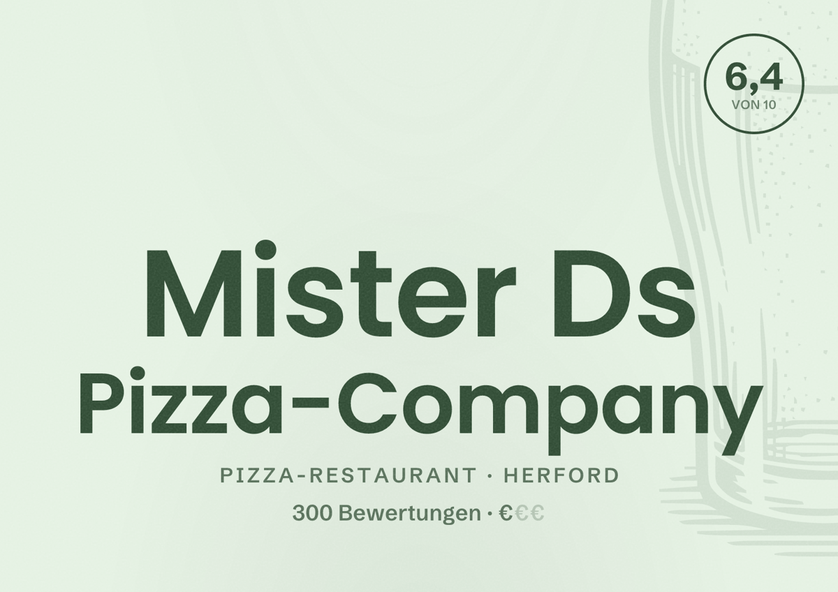 Illustriertes Poster von Mister Ds Pizza-Company, Pizza-Restaurant in Herford: Bewertung 6,4 von 10 aus 300 Bewertungen, Preisniveau €