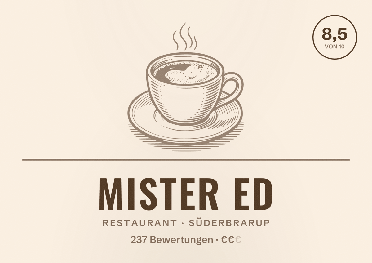 Illustriertes Poster von Mister Ed, Restaurant in Süderbrarup: Bewertung 8,5 von 10 aus 237 Bewertungen, Preisniveau €€
