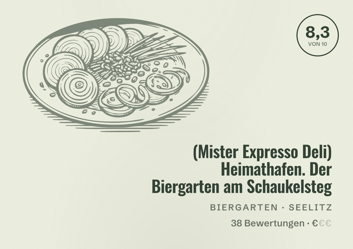Illustriertes Poster von (Mister Expresso Deli) Heimathafen. Der Biergarten am Schaukelsteg, Biergarten in Seelitz: Bewertung 8,3 von 10 aus 38 Bewertungen, Preisniveau €