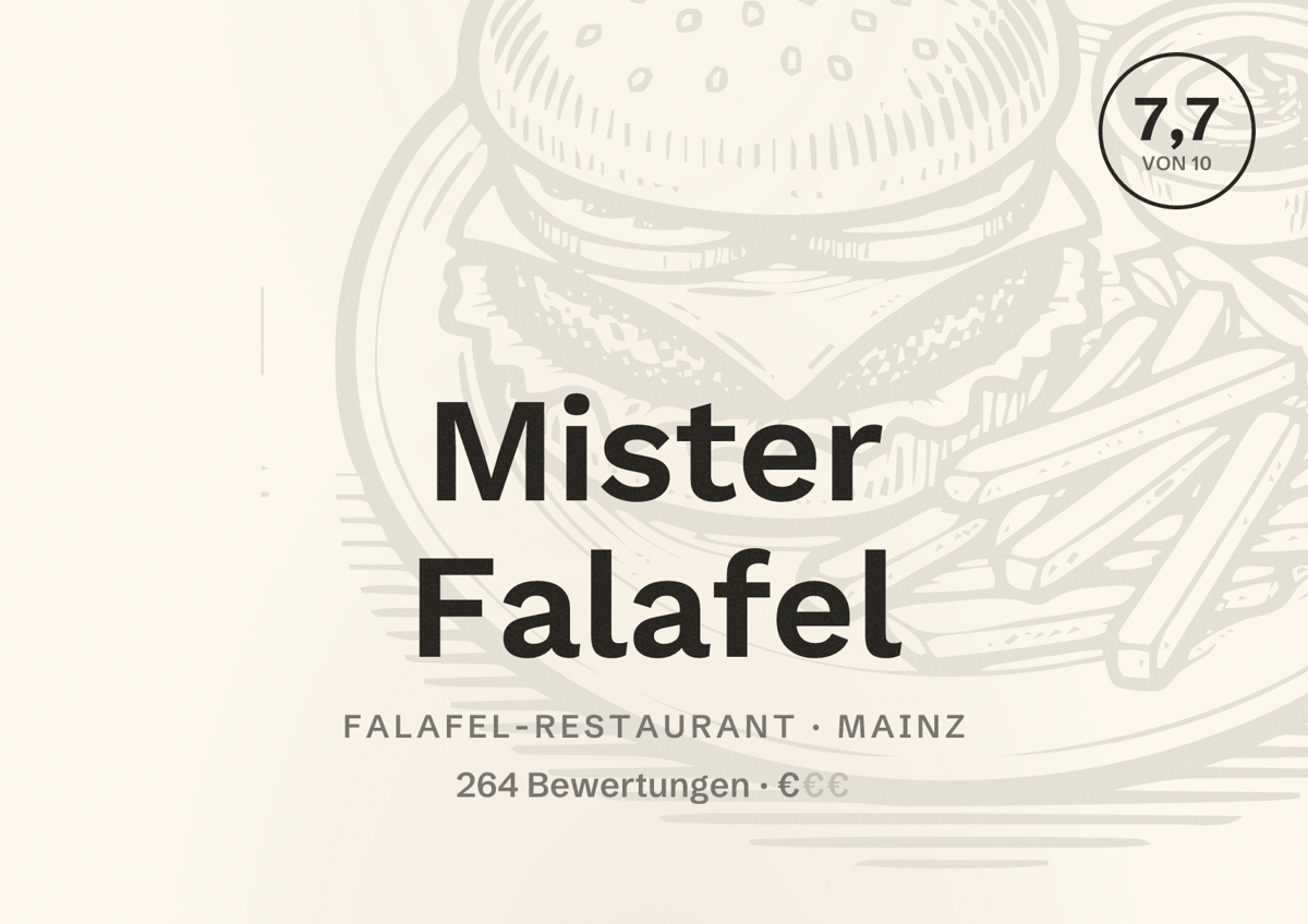 Illustriertes Poster von Mister Falafel, Falafel-Restaurant in Mainz: Bewertung 7,7 von 10 aus 264 Bewertungen, Preisniveau €