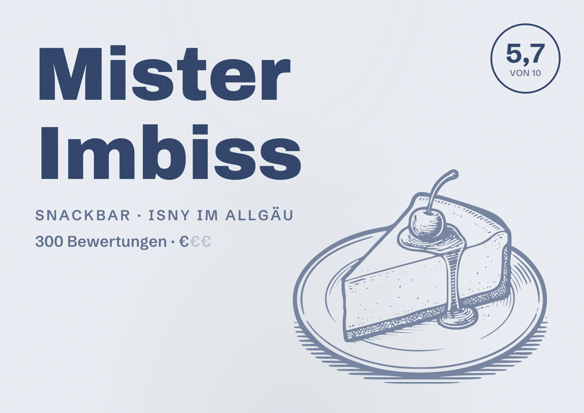 Illustriertes Poster von Mister Imbiss, Snackbar in Isny im Allgäu: Bewertung 5,7 von 10 aus 300 Bewertungen, Preisniveau €