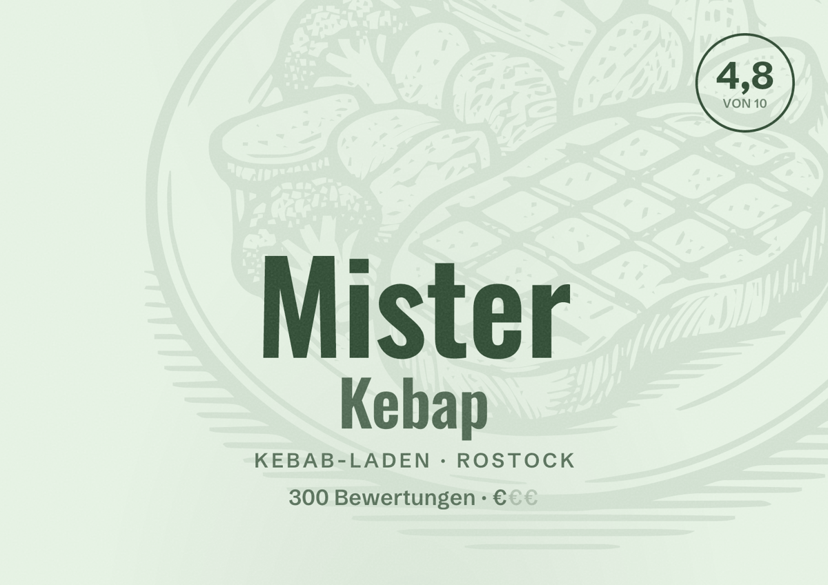 Illustriertes Poster von Mister Kebap, Kebab-Laden in Rostock: Bewertung 4,8 von 10 aus 300 Bewertungen, Preisniveau €