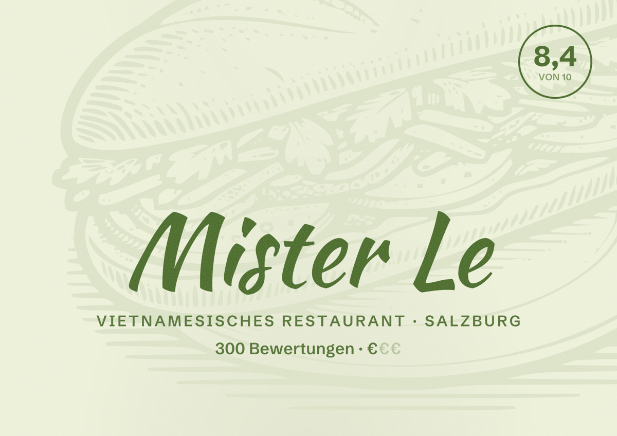 Illustriertes Poster von Mister Le, Vietnamesisches Restaurant in Salzburg: Bewertung 8,4 von 10 aus 300 Bewertungen, Preisniveau €