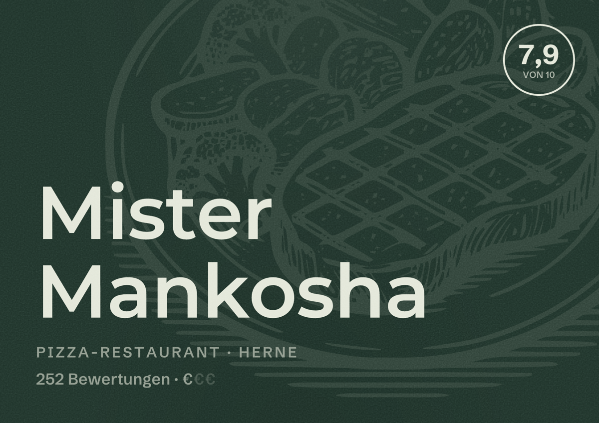 Illustriertes Poster von Mister Mankosha, Pizza-Restaurant in Herne: Bewertung 7,9 von 10 aus 252 Bewertungen, Preisniveau €