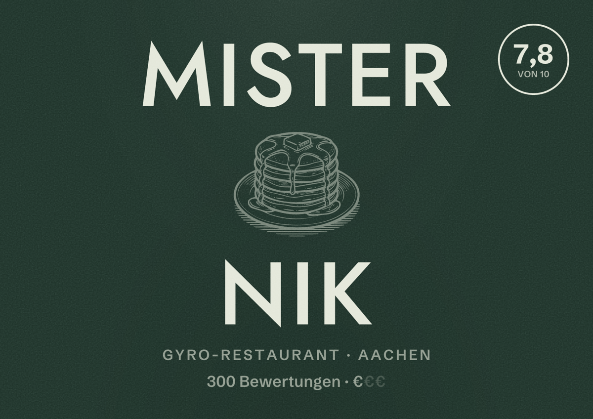 Illustriertes Poster von Mister Nik, Gyro-Restaurant in Aachen: Bewertung 7,8 von 10 aus 300 Bewertungen, Preisniveau €