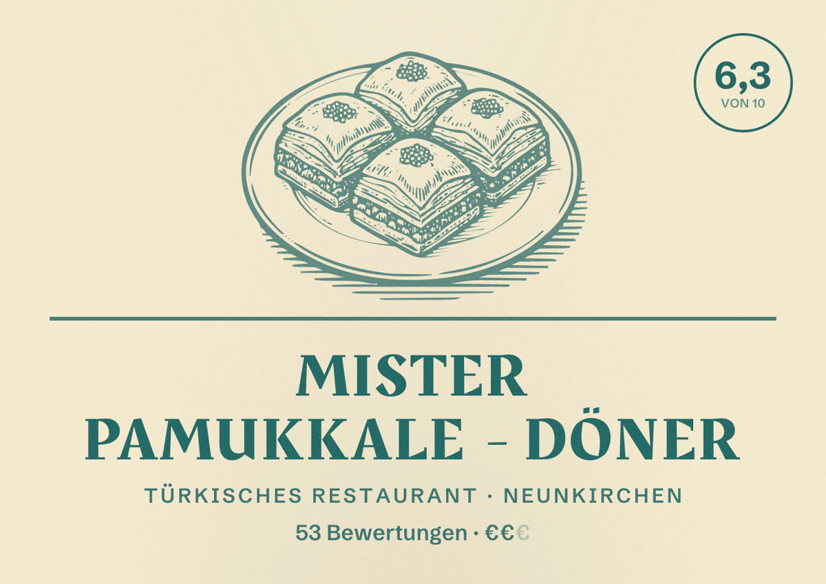 Illustriertes Poster von Mister Pamukkale - Döner, Türkisches Restaurant in Neunkirchen: Bewertung 6,3 von 10 aus 53 Bewertungen, Preisniveau €€