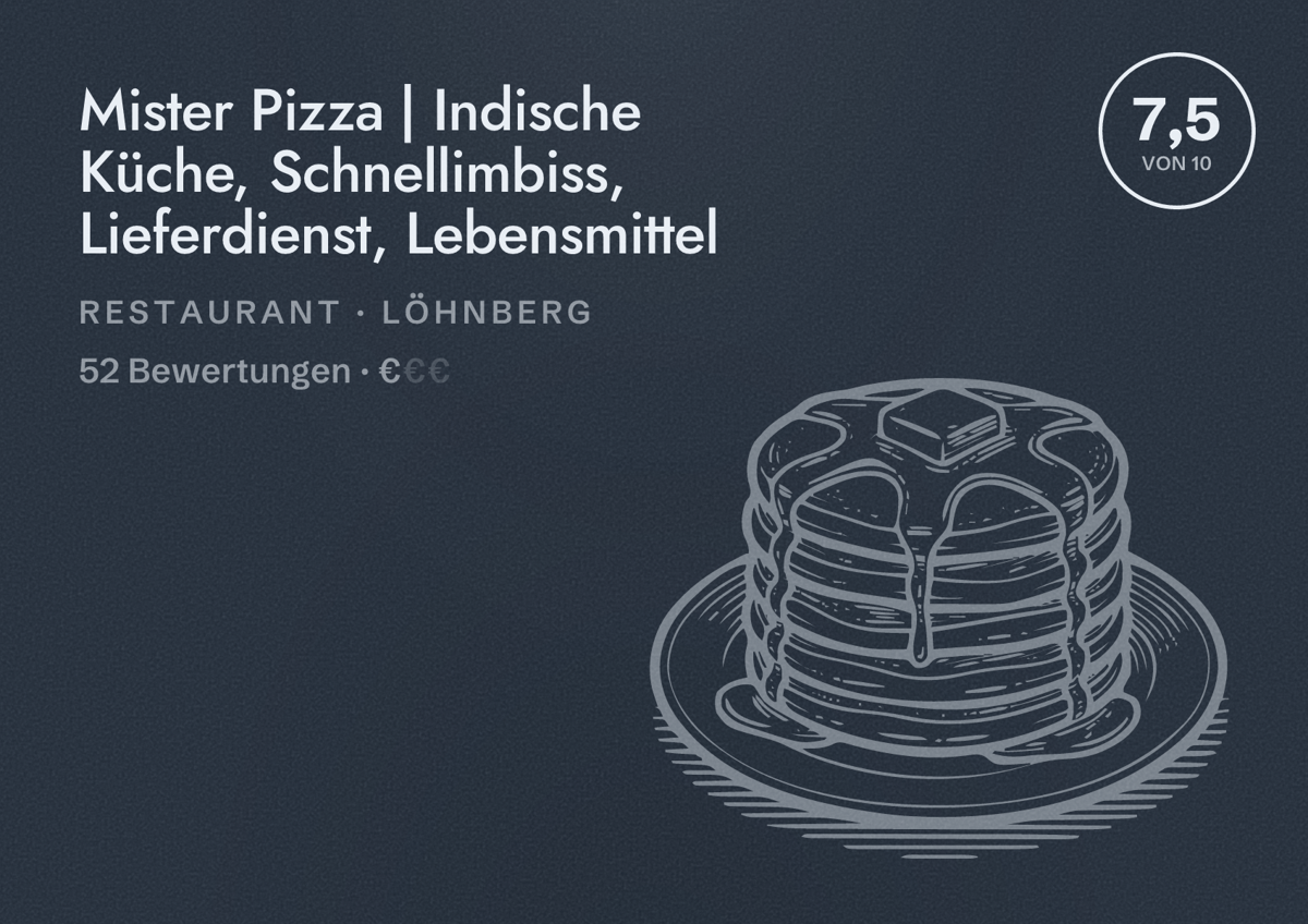 Illustriertes Poster von Mister Pizza | Indische Küche, Schnellimbiss, Lieferdienst, Lebensmittel, Restaurant in Löhnberg: Bewertung 7,5 von 10 aus 52 Bewertungen, Preisniveau €