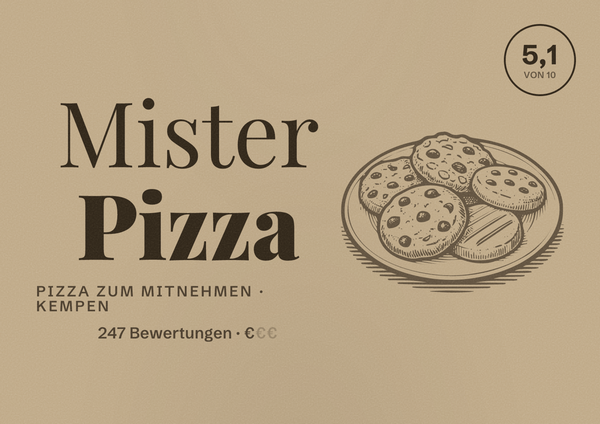 Illustriertes Poster von Mister Pizza, Pizza zum Mitnehmen in Kempen: Bewertung 5,1 von 10 aus 247 Bewertungen, Preisniveau €