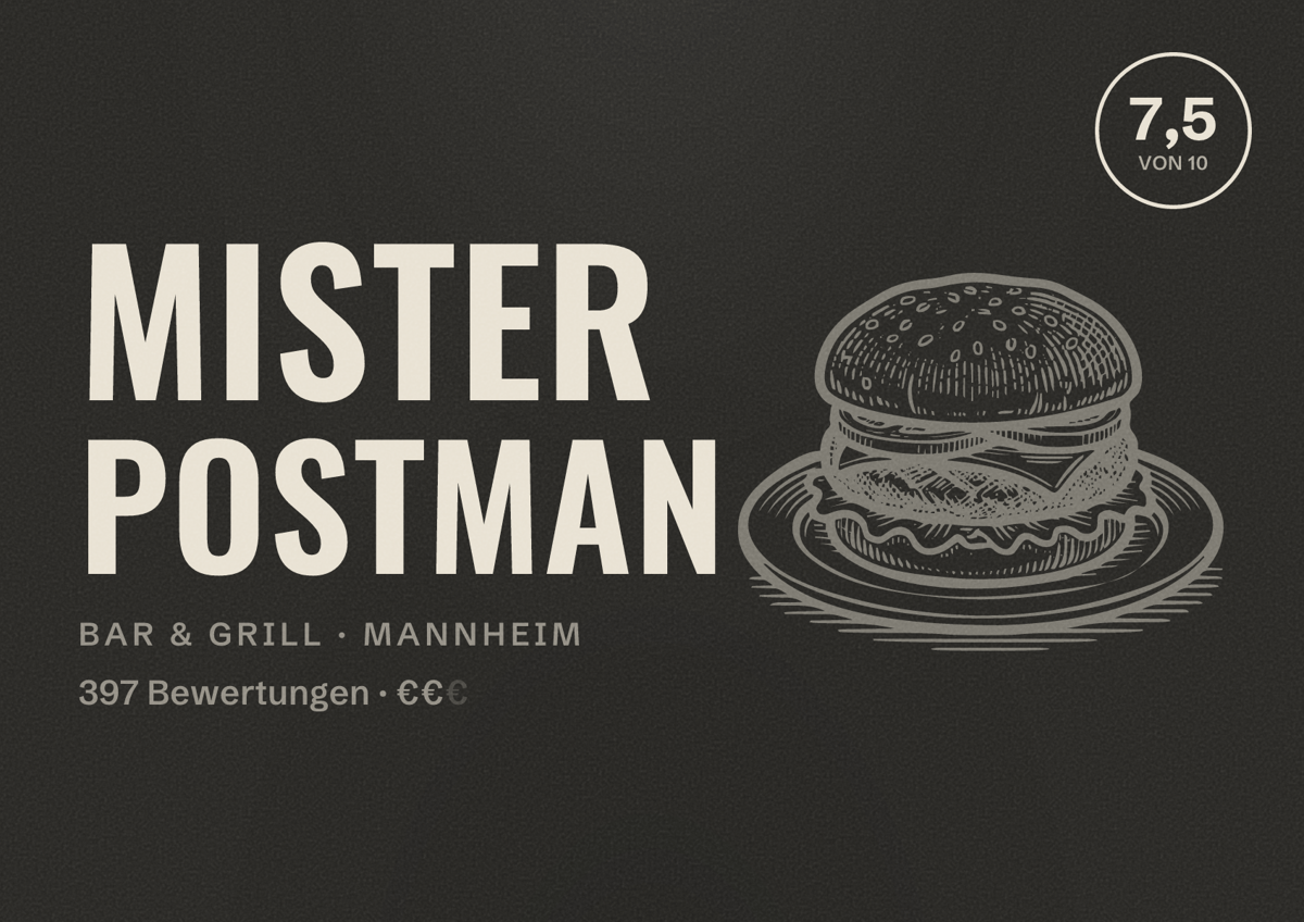 Illustriertes Poster von Mister Postman, Bar & Grill in Mannheim: Bewertung 7,5 von 10 aus 397 Bewertungen, Preisniveau €€