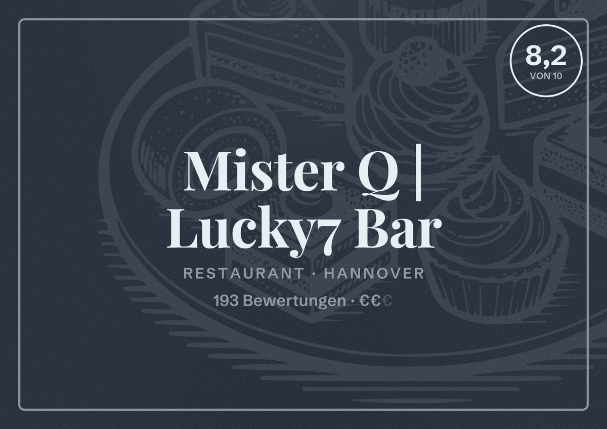 Illustriertes Poster von Mister Q | Lucky7 Bar, Restaurant in Hannover: Bewertung 8,2 von 10 aus 193 Bewertungen, Preisniveau €€