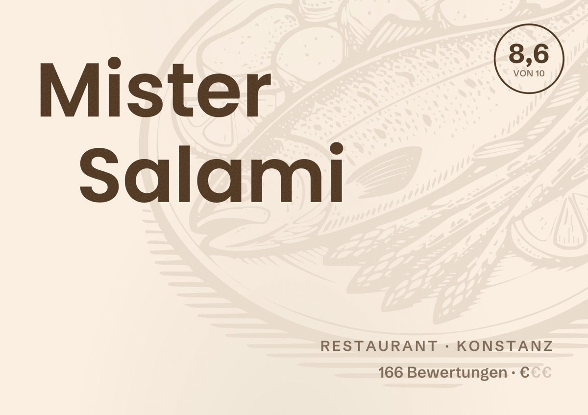 Illustriertes Poster von Mister Salami, Restaurant in Konstanz: Bewertung 8,6 von 10 aus 166 Bewertungen, Preisniveau €
