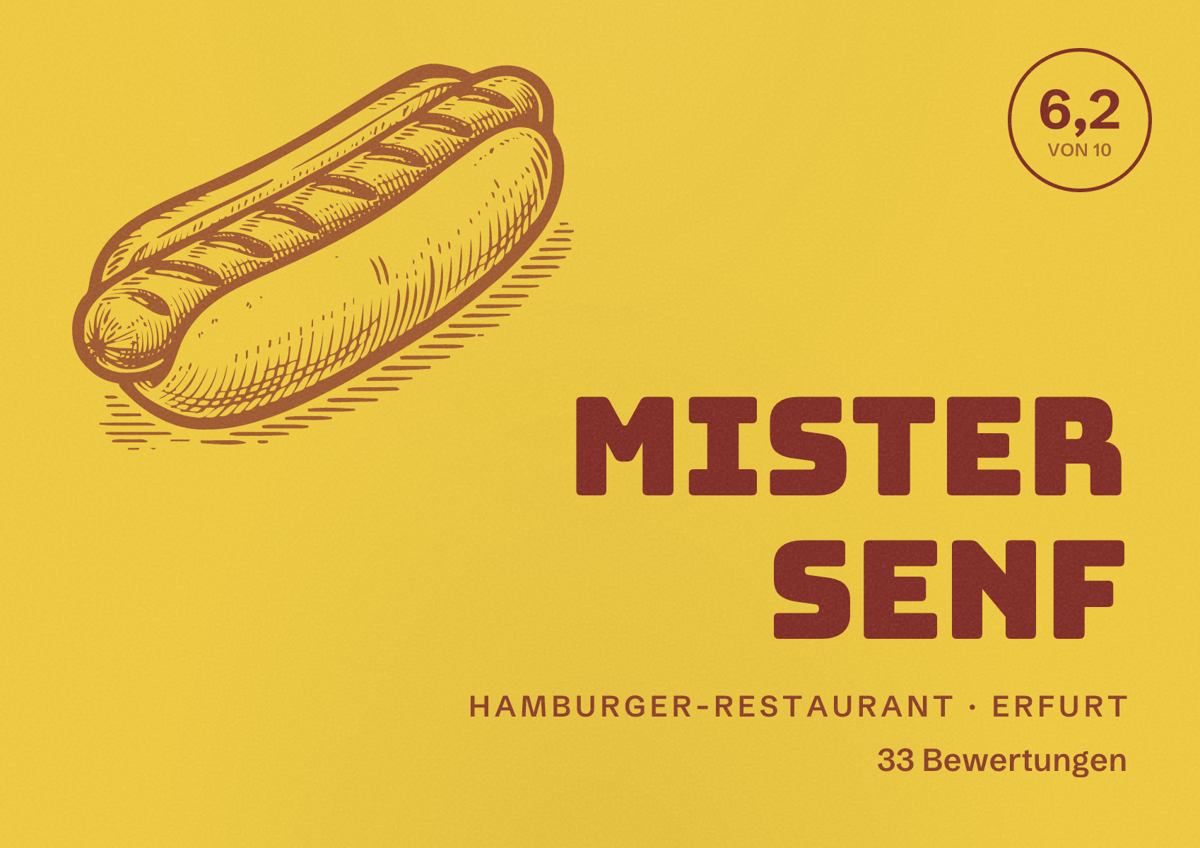Illustriertes Poster von Mister Senf, Hamburger-Restaurant in Erfurt: Bewertung 6,2 von 10 aus 33 Bewertungen