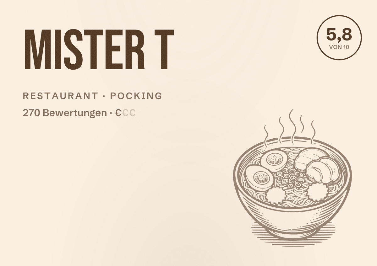 Illustriertes Poster von Mister T, Restaurant in Pocking: Bewertung 5,8 von 10 aus 270 Bewertungen, Preisniveau €