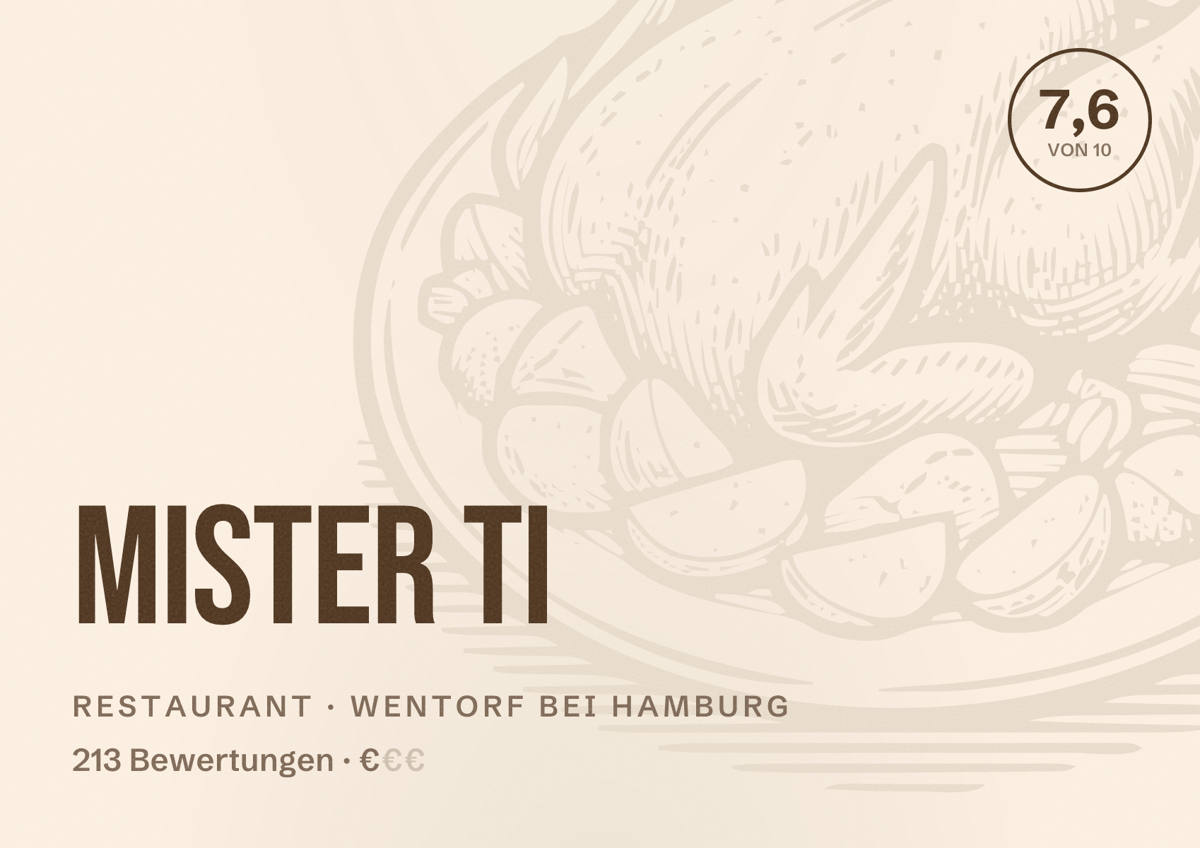 Illustriertes Poster von Mister Ti, Restaurant in Wentorf bei Hamburg: Bewertung 7,6 von 10 aus 213 Bewertungen, Preisniveau €