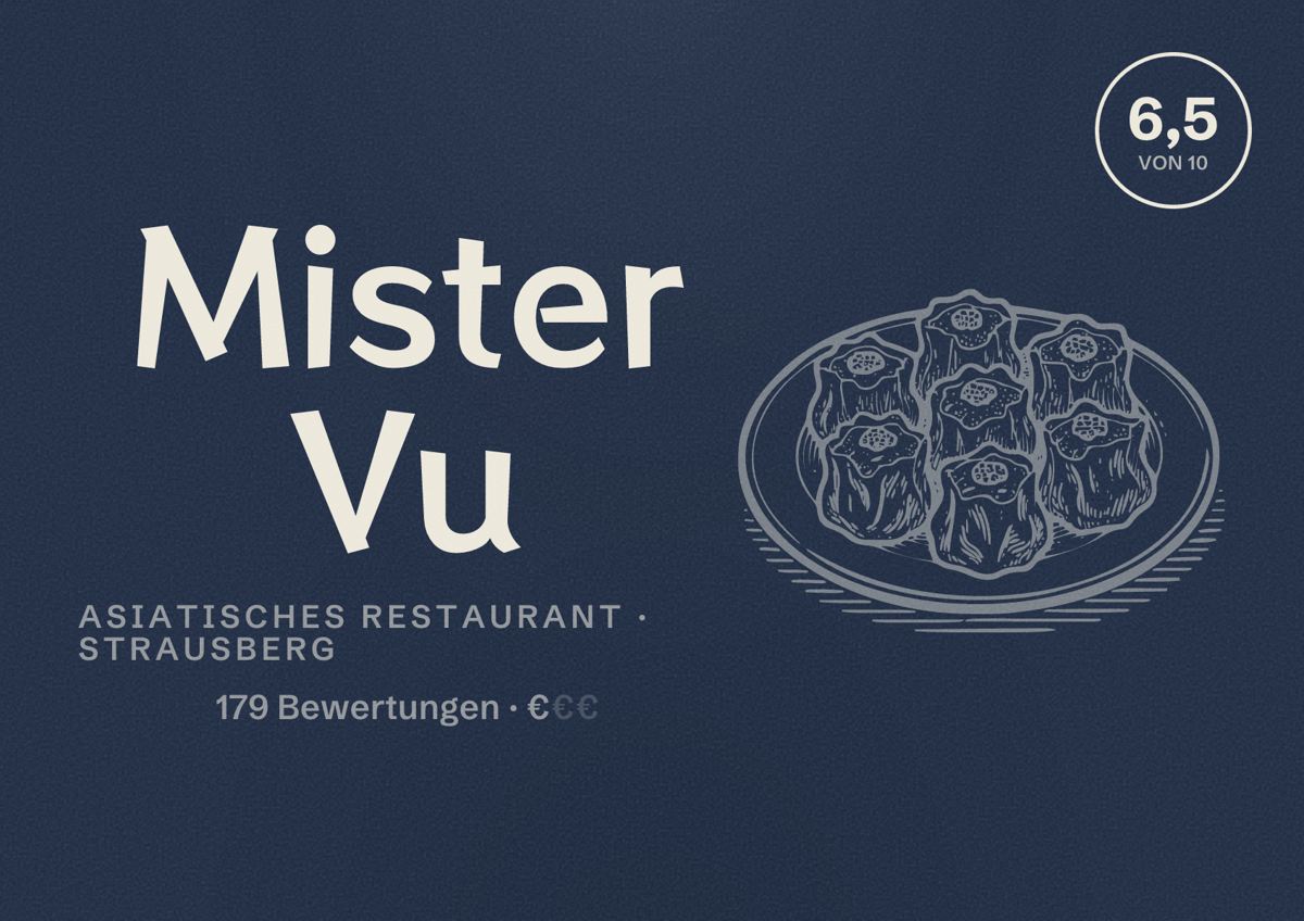 Illustriertes Poster von Mister Vu, Asiatisches Restaurant in Strausberg: Bewertung 6,5 von 10 aus 179 Bewertungen, Preisniveau €