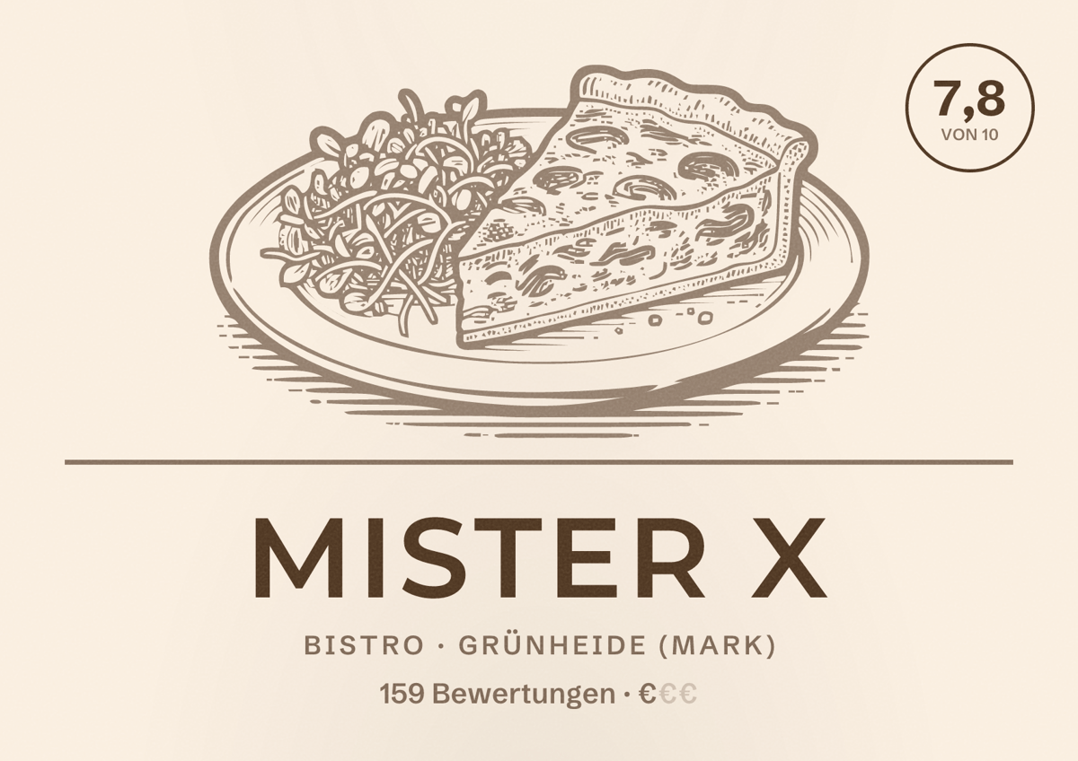 Illustriertes Poster von Mister X, Bistro in Grünheide (Mark): Bewertung 7,8 von 10 aus 159 Bewertungen, Preisniveau €