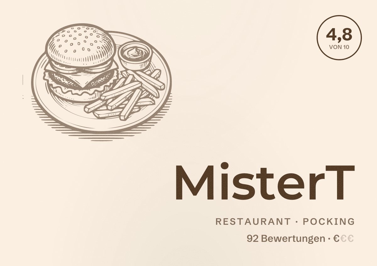 Illustriertes Poster von MisterT, Restaurant in Pocking: Bewertung 4,8 von 10 aus 92 Bewertungen, Preisniveau €