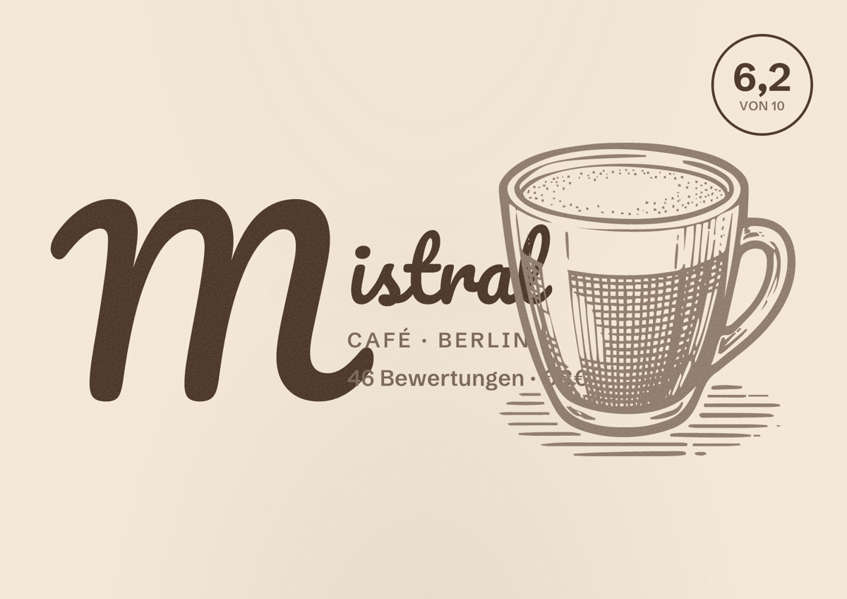 Illustriertes Poster von Mistral, Café in Berlin: Bewertung 6,2 von 10 aus 46 Bewertungen, Preisniveau €€€