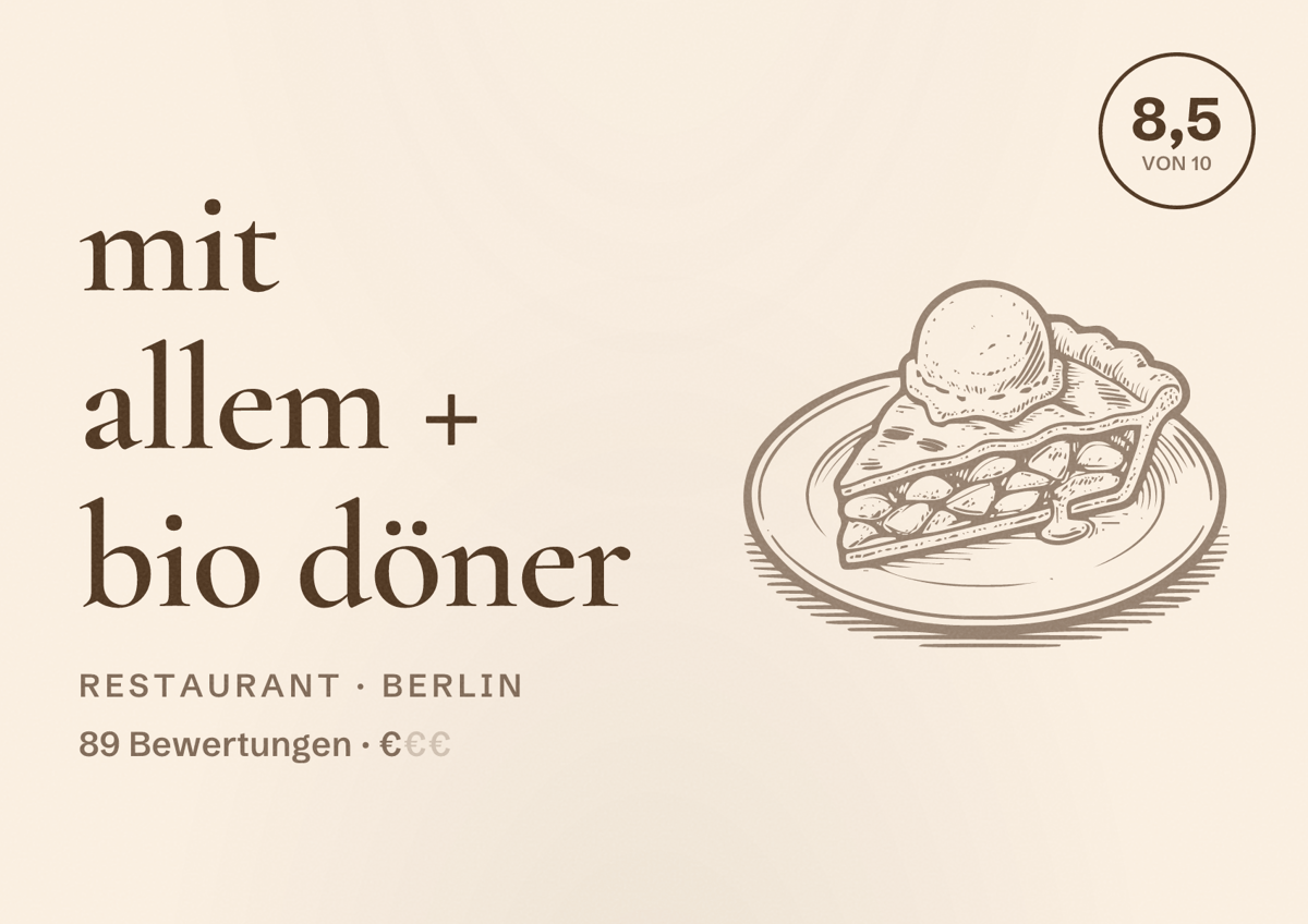 Illustriertes Poster von mit allem + bio döner, Restaurant in Berlin: Bewertung 8,5 von 10 aus 89 Bewertungen, Preisniveau €