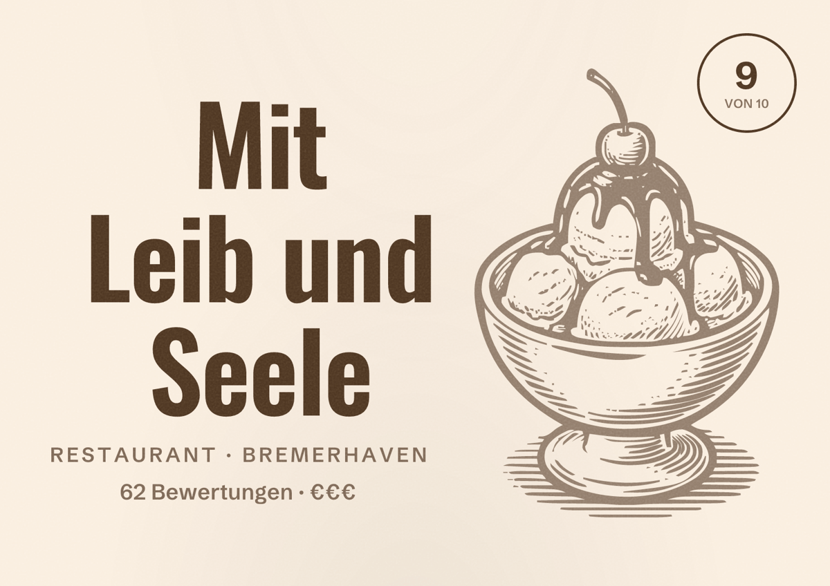 Illustriertes Poster von Mit Leib und Seele, Restaurant in Bremerhaven: Bewertung 9 von 10 aus 62 Bewertungen, Preisniveau €€€