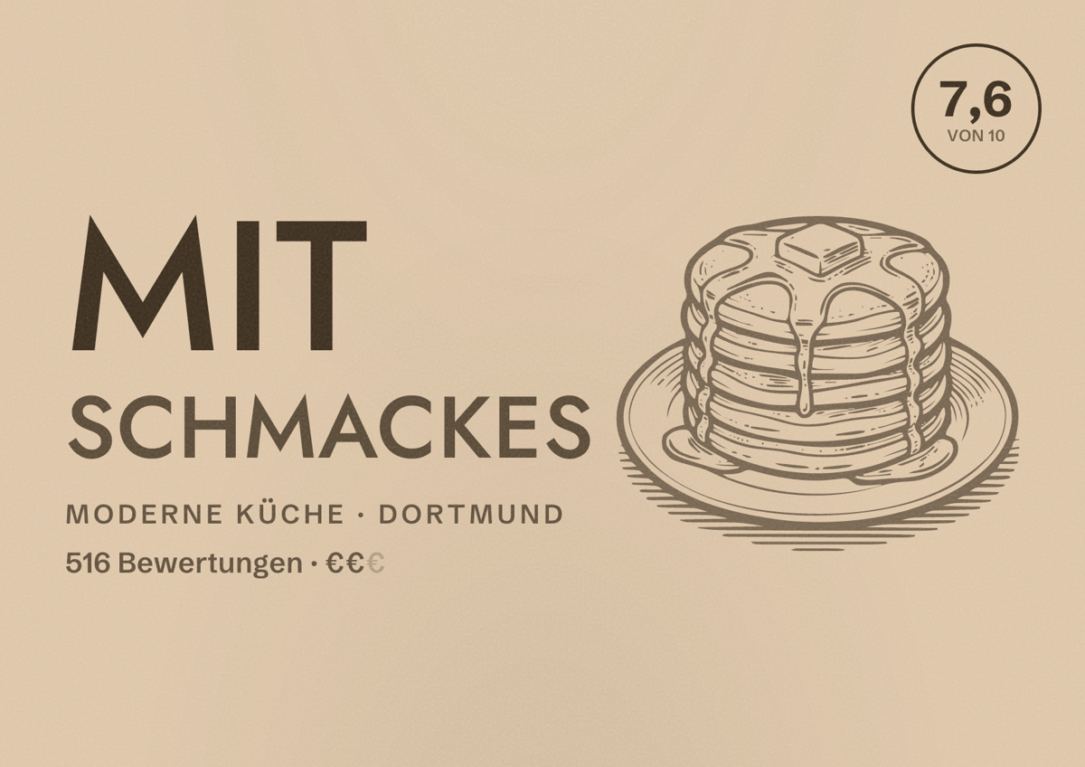 Illustriertes Poster von Mit Schmackes, Moderne Küche in Dortmund: Bewertung 7,6 von 10 aus 516 Bewertungen, Preisniveau €€