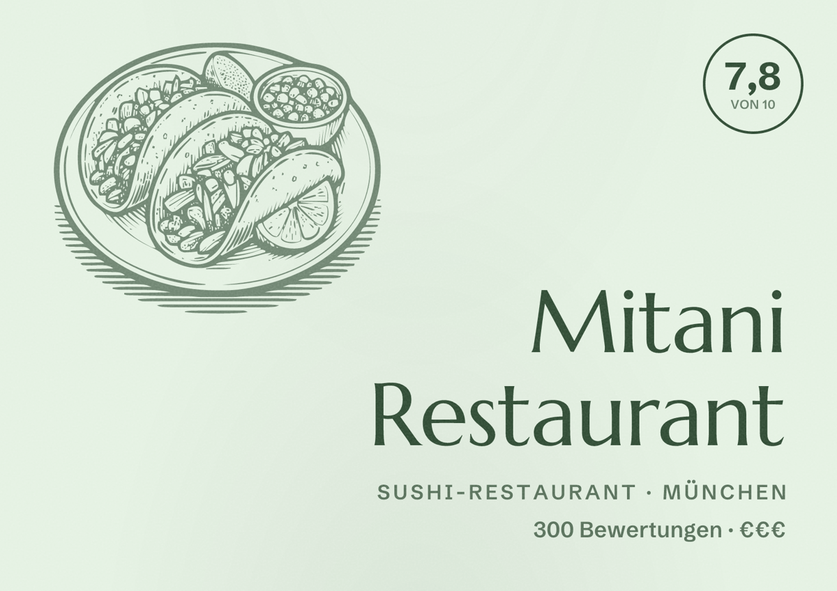 Illustriertes Poster von Mitani Restaurant, Sushi-Restaurant in München: Bewertung 7,8 von 10 aus 300 Bewertungen, Preisniveau €€€