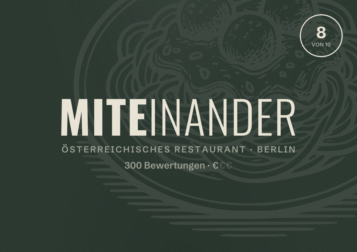 Illustriertes Poster von Miteinander, Österreichisches Restaurant in Berlin: Bewertung 8,0 von 10 aus 300 Bewertungen, Preisniveau €
