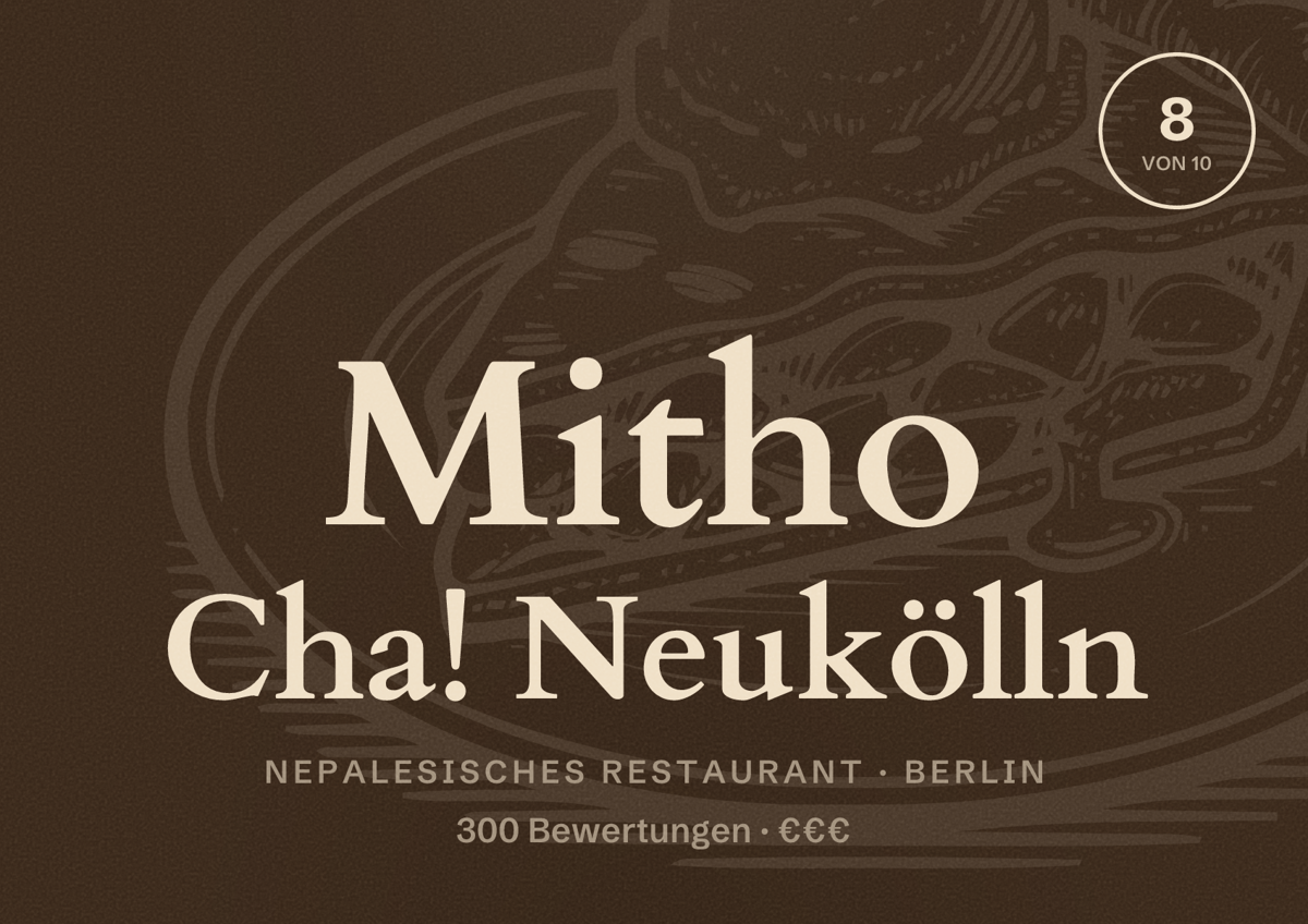 Illustriertes Poster von Mitho Cha! Neukölln, Nepalesisches Restaurant in Berlin: Bewertung 8,0 von 10 aus 300 Bewertungen, Preisniveau €€€