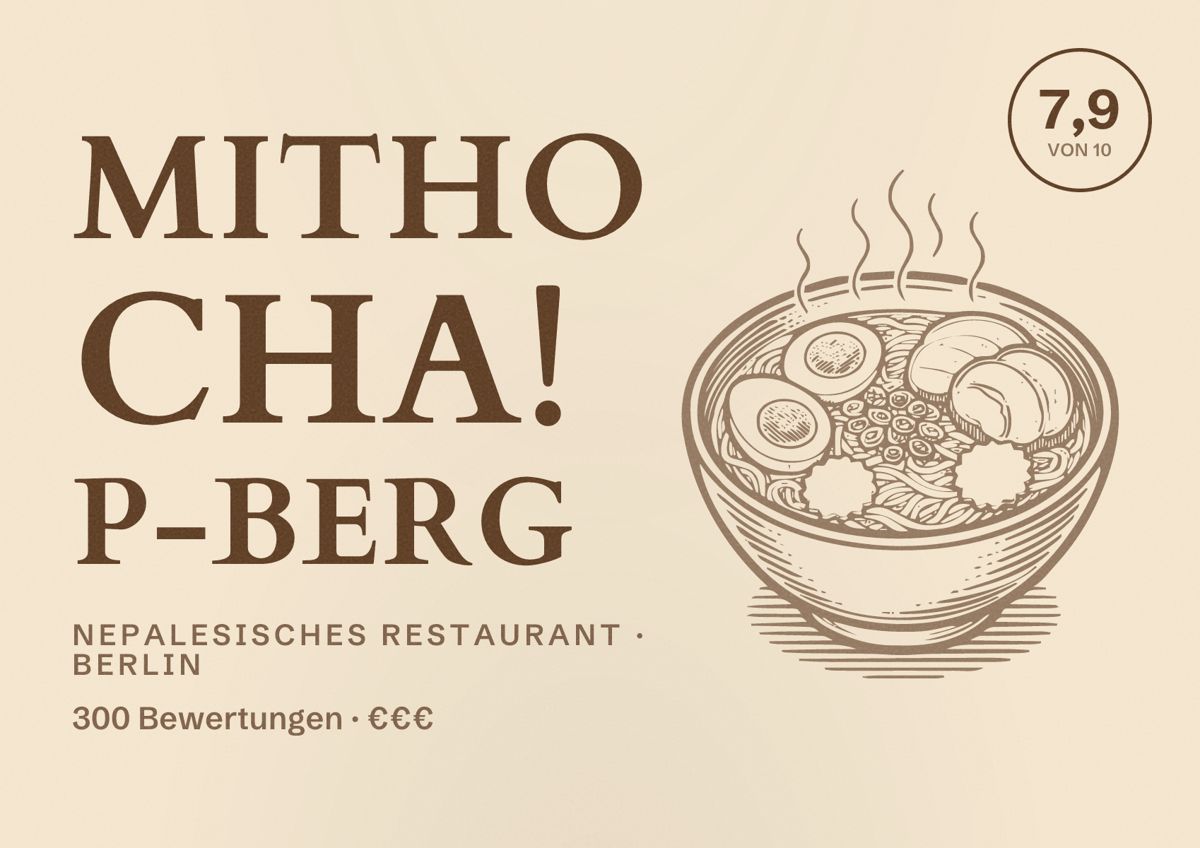 Illustriertes Poster von Mitho Cha! P-Berg, Nepalesisches Restaurant in Berlin: Bewertung 7,9 von 10 aus 300 Bewertungen, Preisniveau €€€