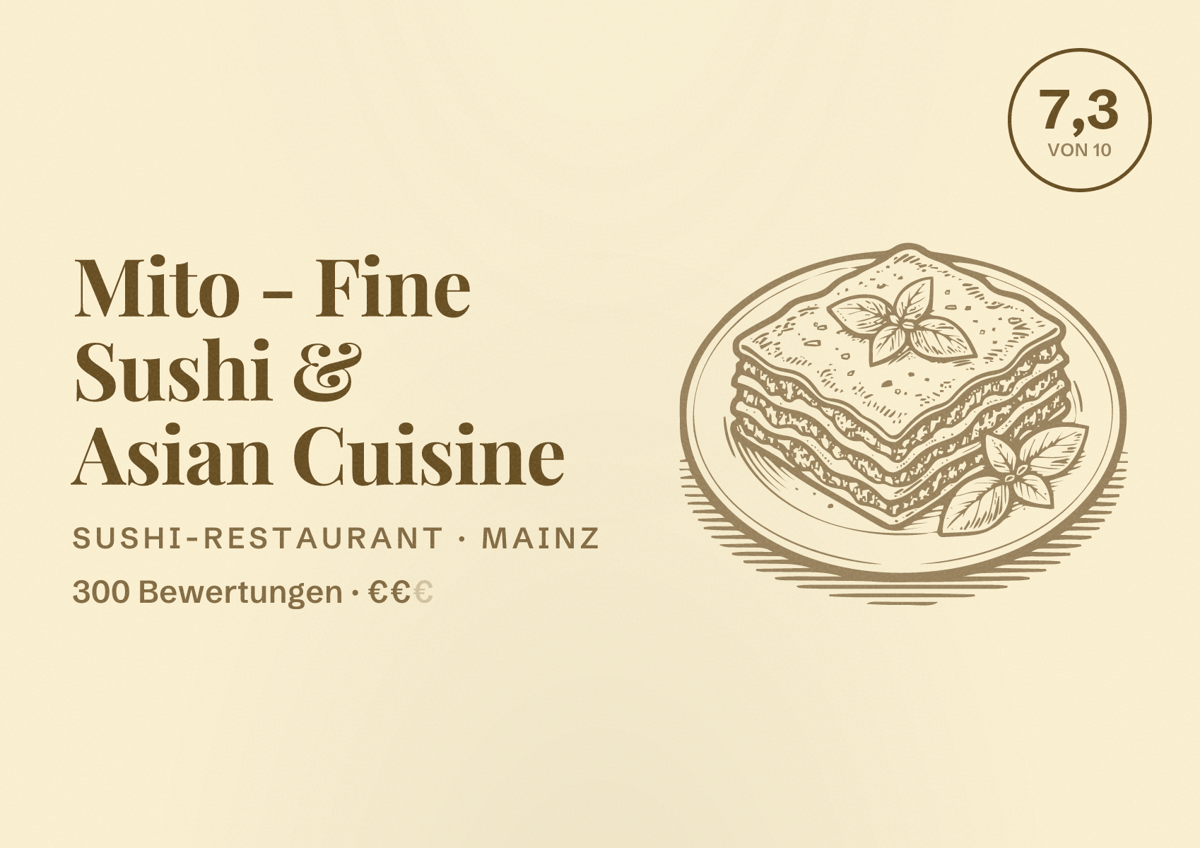Illustriertes Poster von Mito - Fine Sushi & Asian Cuisine, Sushi-Restaurant in Mainz: Bewertung 7,3 von 10 aus 300 Bewertungen, Preisniveau €€