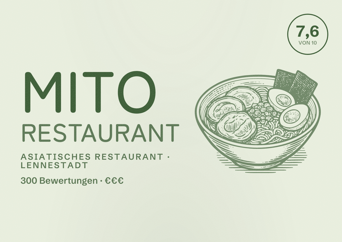 Illustriertes Poster von Mito Restaurant, Asiatisches Restaurant in Lennestadt: Bewertung 7,6 von 10 aus 300 Bewertungen, Preisniveau €€€