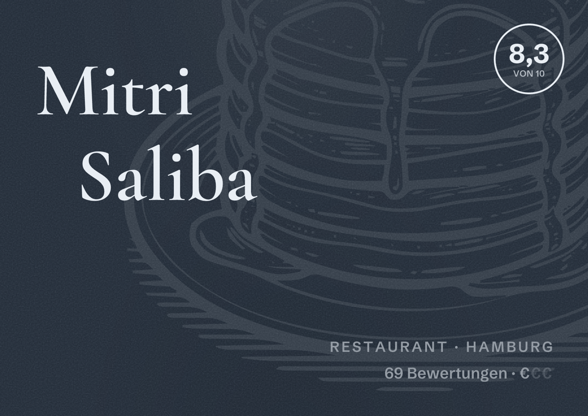 Illustriertes Poster von Mitri Saliba, Restaurant in Hamburg: Bewertung 8,3 von 10 aus 69 Bewertungen, Preisniveau €