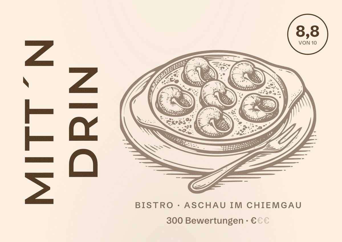 Illustriertes Poster von Mitt´n drin, Bistro in Aschau im Chiemgau: Bewertung 8,8 von 10 aus 300 Bewertungen, Preisniveau €