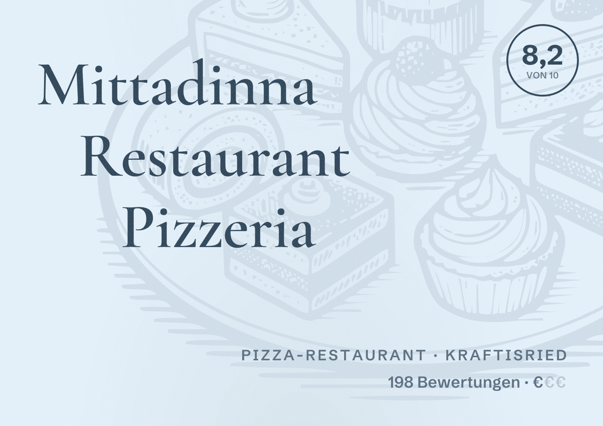 Illustriertes Poster von Mittadinna Restaurant Pizzeria, Pizza-Restaurant in Kraftisried: Bewertung 8,2 von 10 aus 198 Bewertungen, Preisniveau €