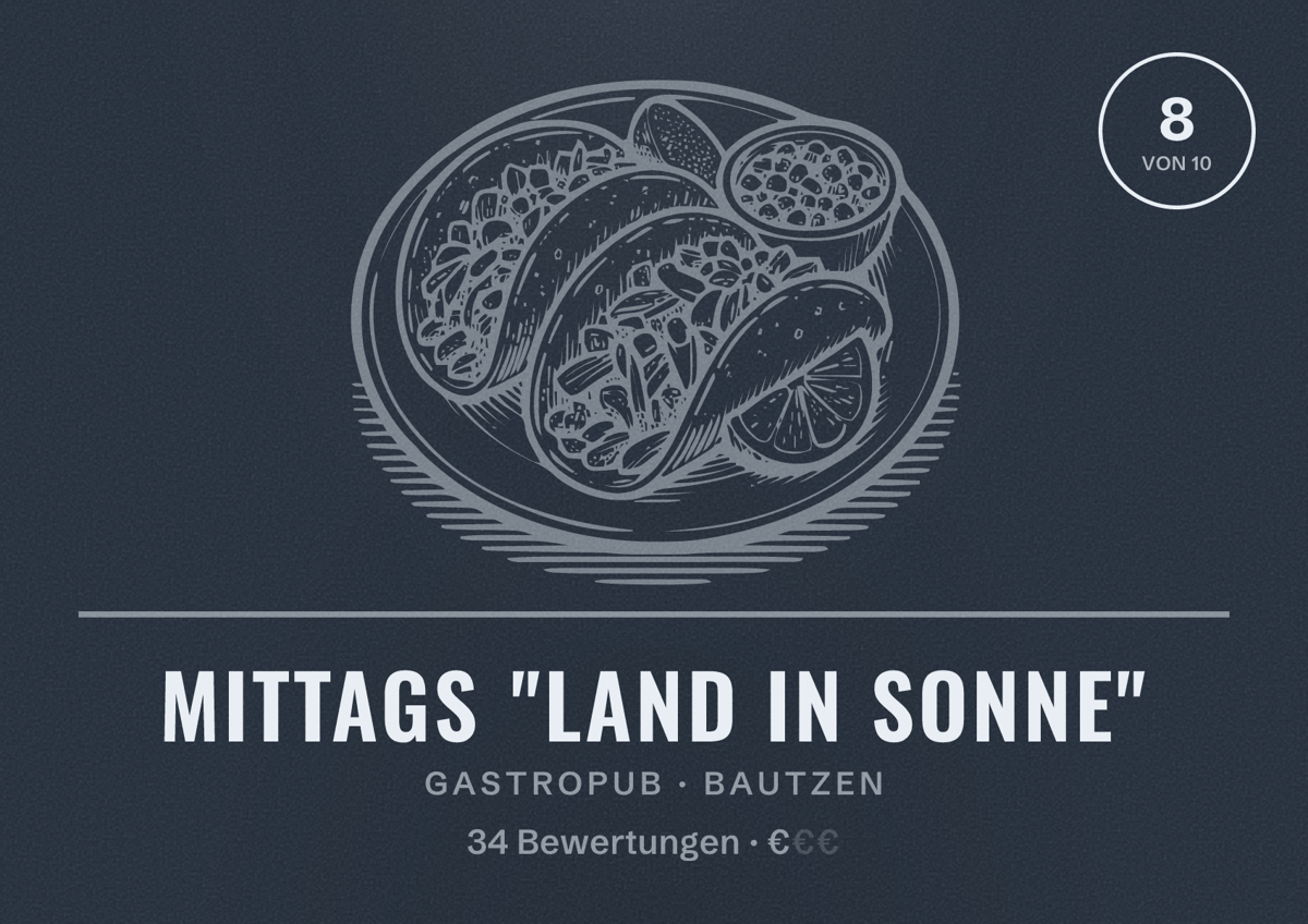Illustriertes Poster von Mittags "Land in Sonne", Gastropub in Bautzen: Bewertung 8 von 10 aus 34 Bewertungen, Preisniveau €