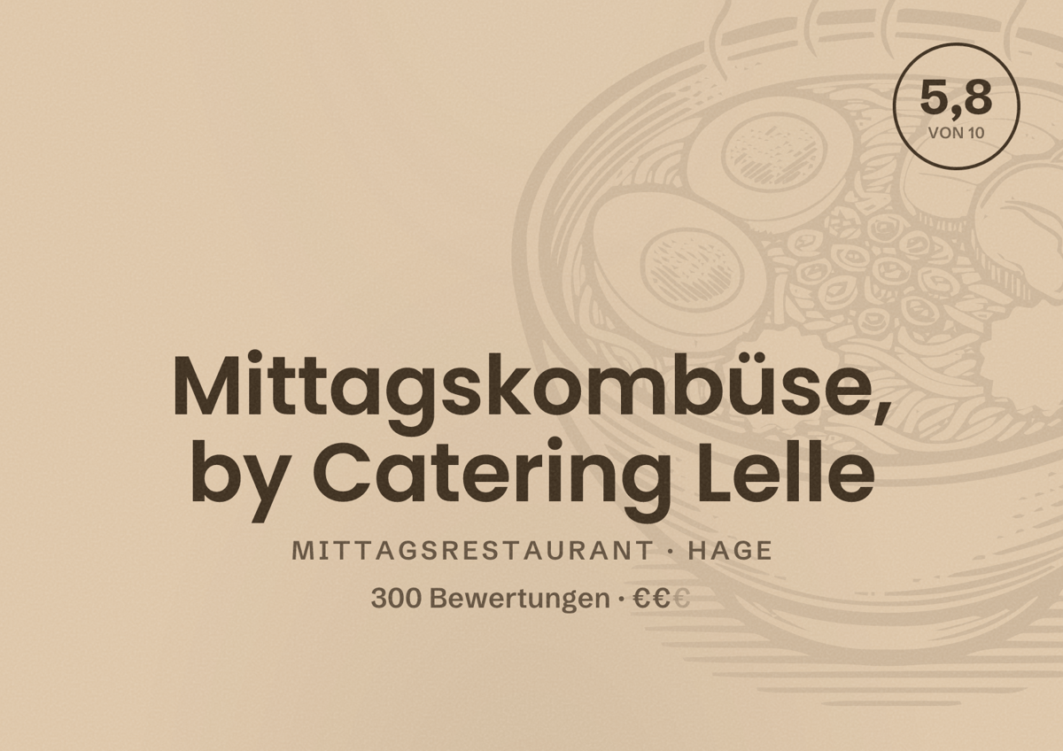 Illustriertes Poster von Mittagskombüse, by Catering Lelle, Mittagsrestaurant in Hage: Bewertung 5,8 von 10 aus 300 Bewertungen, Preisniveau €€