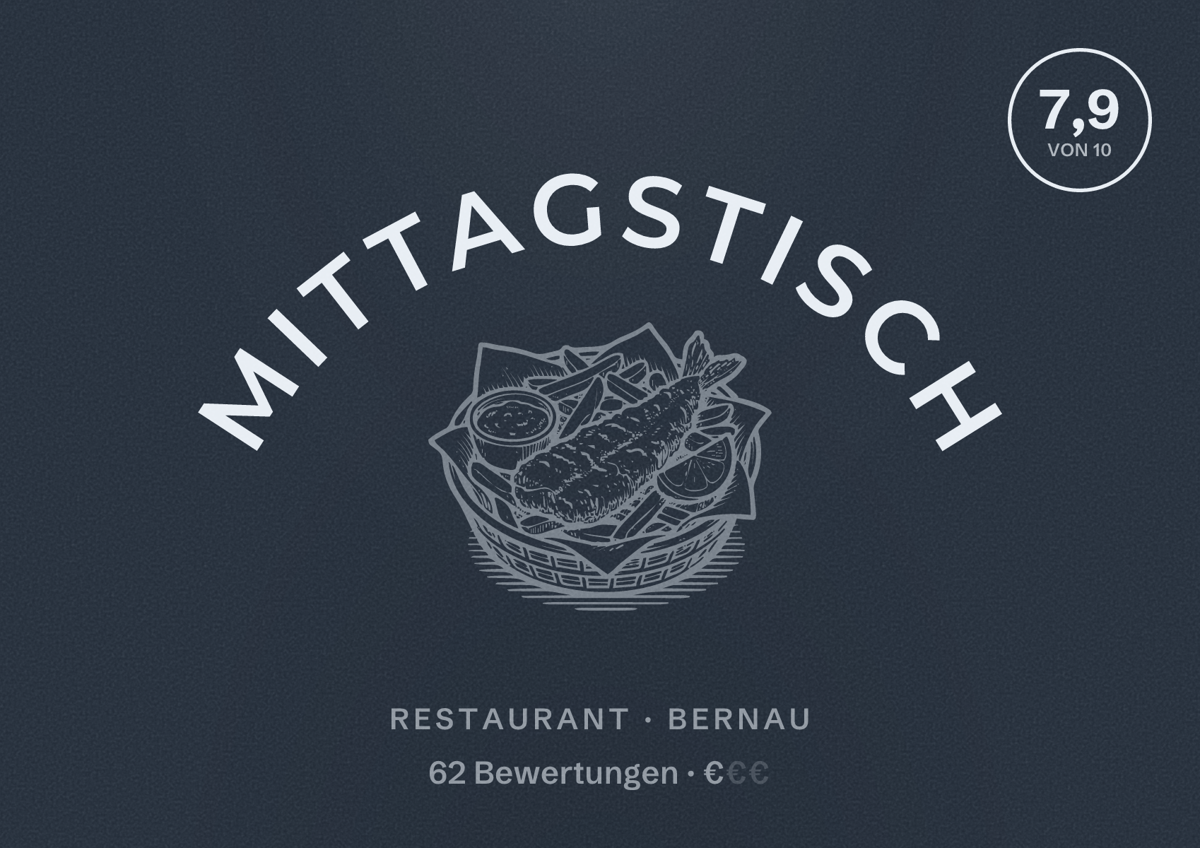 Illustriertes Poster von Mittagstisch, Restaurant in Bernau: Bewertung 7,9 von 10 aus 62 Bewertungen, Preisniveau €