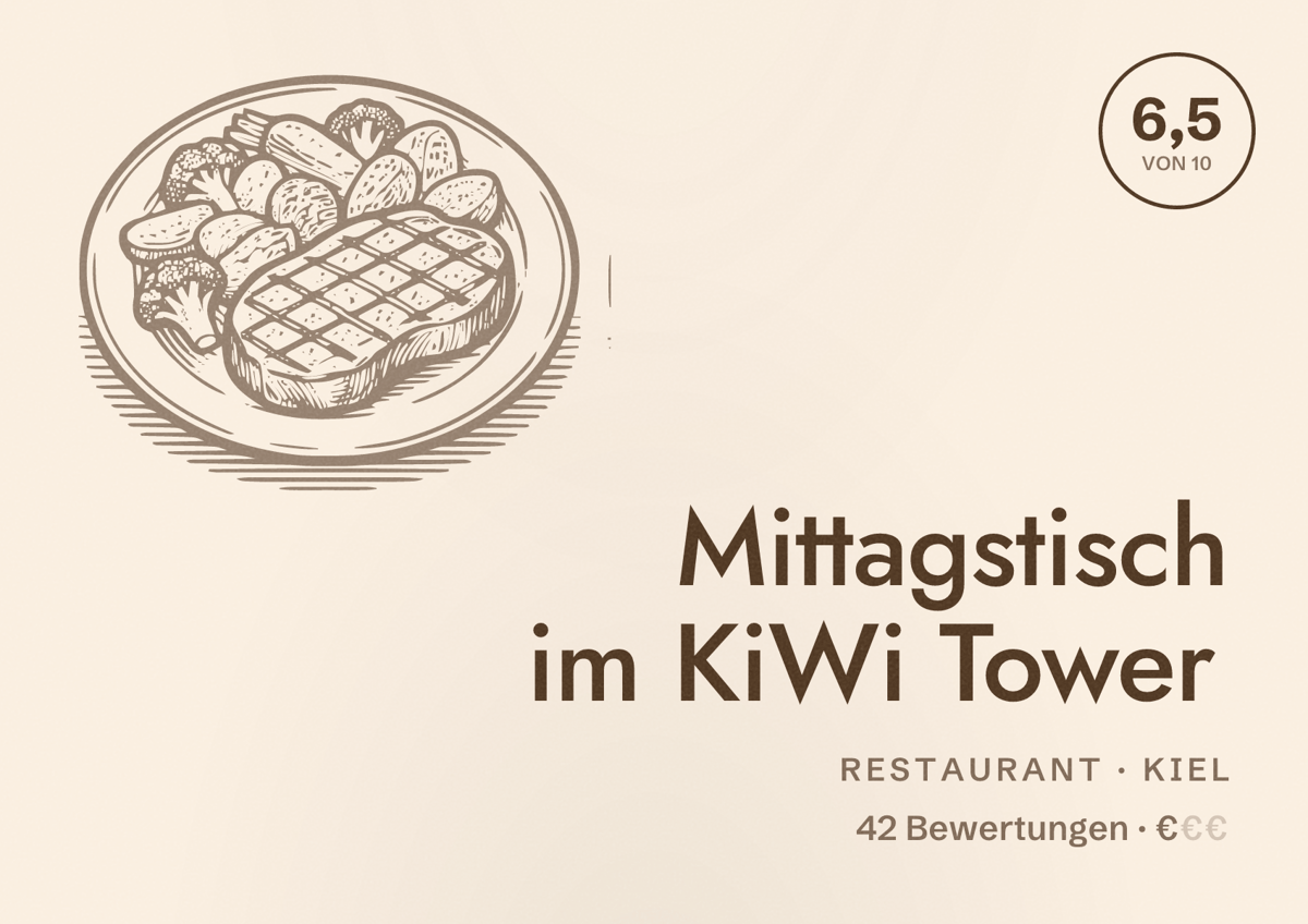 Illustriertes Poster von Mittagstisch im KiWi Tower, Restaurant in Kiel: Bewertung 6,5 von 10 aus 42 Bewertungen, Preisniveau €