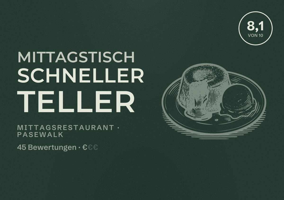 Illustriertes Poster von Mittagstisch Schneller Teller, Mittagsrestaurant in Pasewalk: Bewertung 8,1 von 10 aus 45 Bewertungen, Preisniveau €