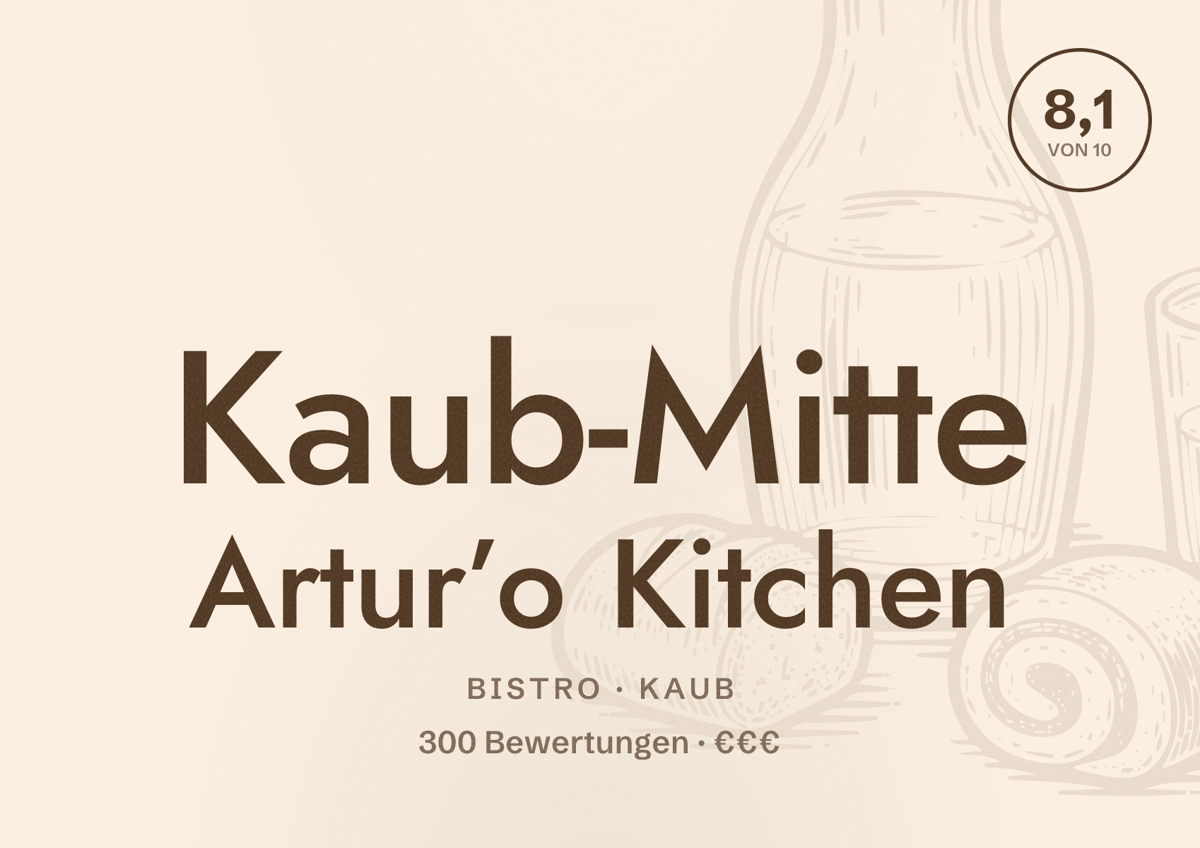 Illustriertes Poster von Kaub-Mitte Artur’o Kitchen, Bistro in Kaub: Bewertung 8,1 von 10 aus 300 Bewertungen, Preisniveau €€€