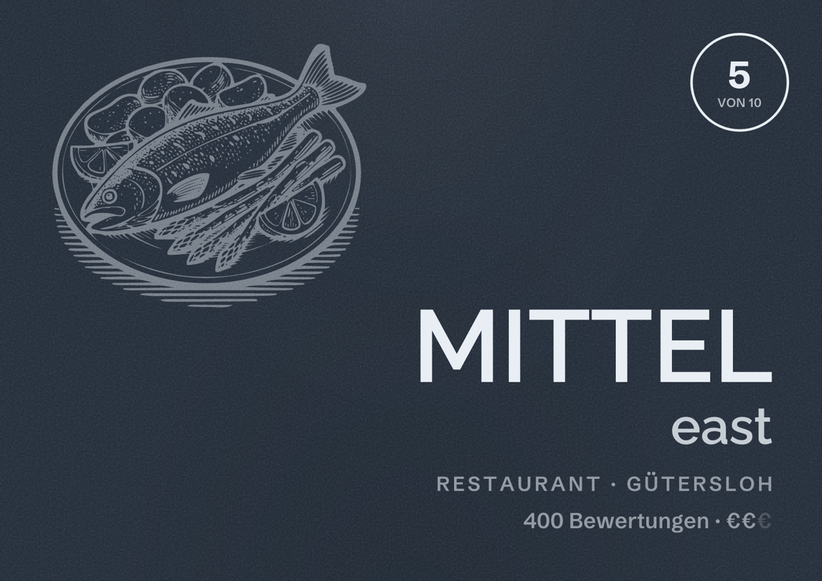 Illustriertes Poster von MITTEL east, Restaurant in Gütersloh: Bewertung 5 von 10 aus 400 Bewertungen, Preisniveau €€